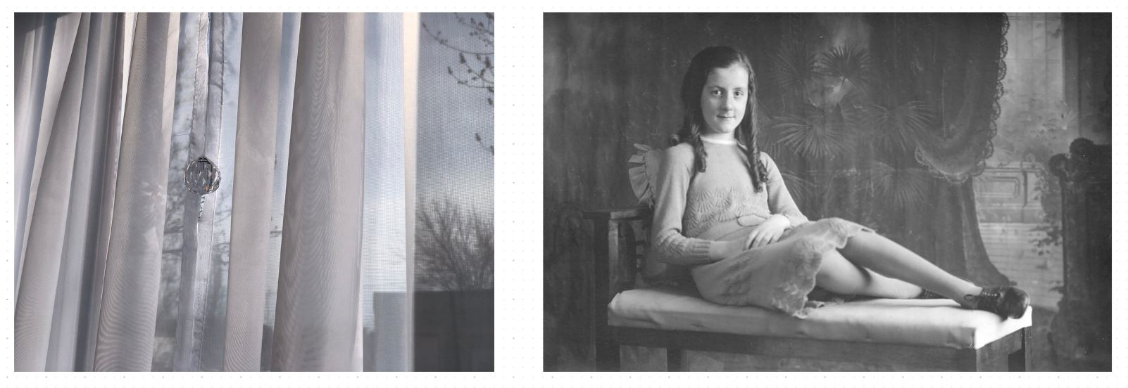 Crédit photo: Raymonde April, Prisme, 2024, photographie (à gauche) | Marie-Alice Dumont, MlleAngélina Desjardins , 1937, négatif numérisé, 10 x 15.5 cm, Collection du Musée-du-Bas-Saint- Laurent, Fonds Marie-Alice Dumont (à droite)
